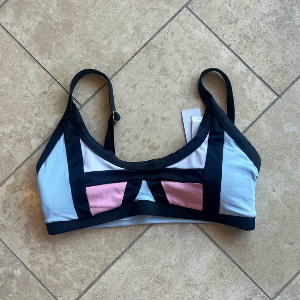 PilyQ Pink, White, Blue Color-Block Triangle Cup Bikini Top, Medium, NWT
